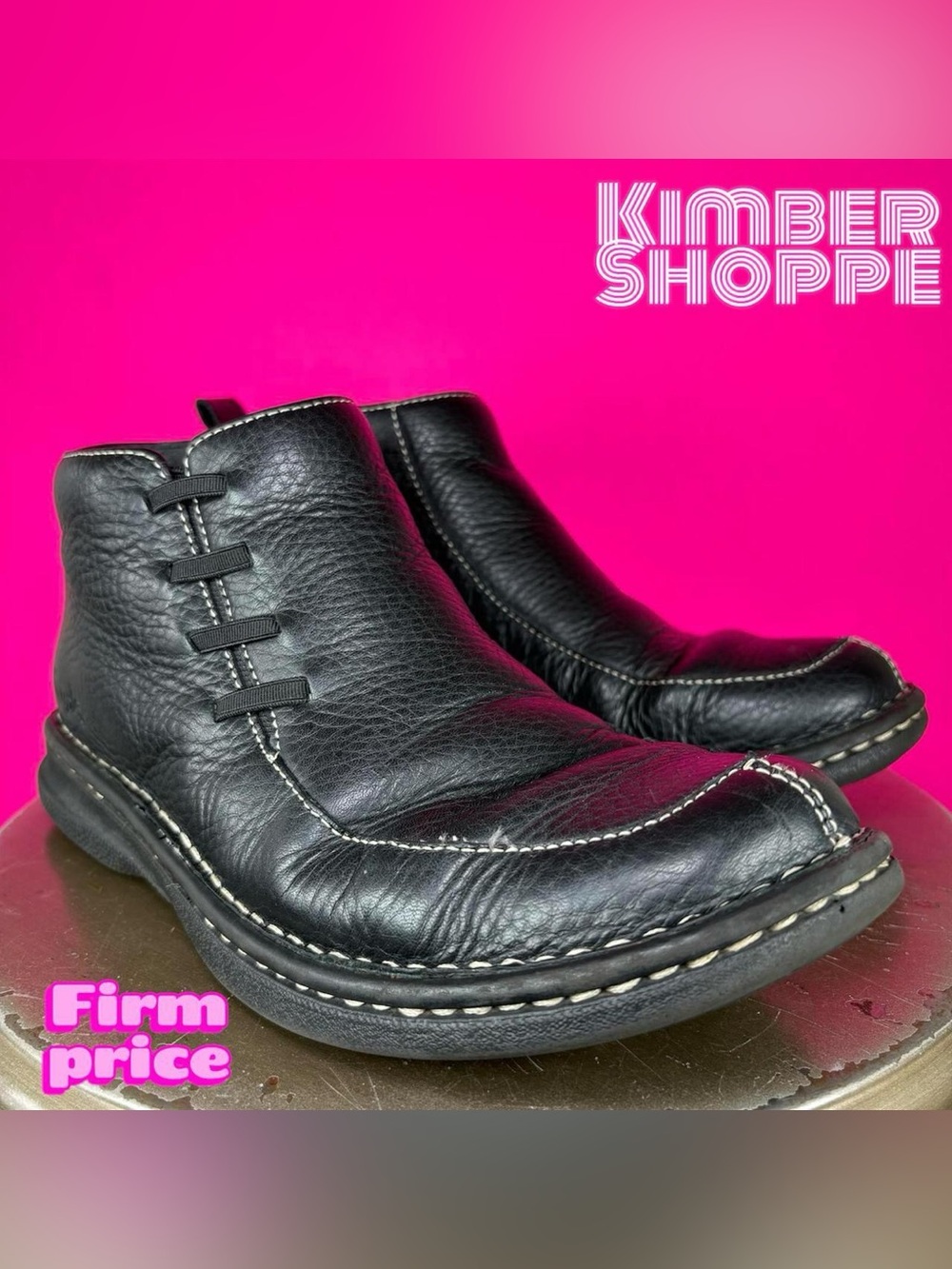 Simple Black Pebbled Leather White Contrast Stitch Ankle Boot US 8 UK 6.5 EU 39